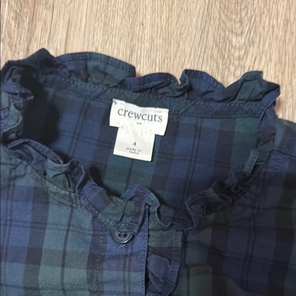 Crewcuts Blue and Green Plaid Ruffled Bishop Sleeve Dress - Picture 2 of 3